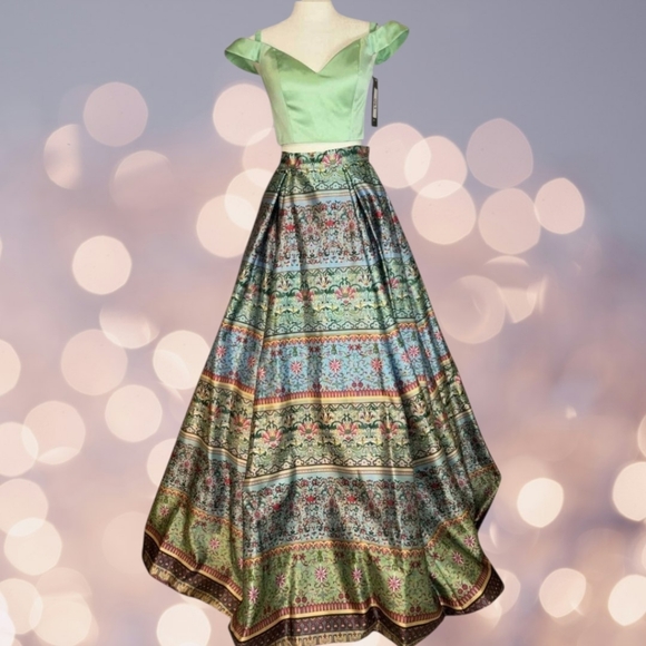 NWT Size 4 Sherri Hill 2-Piece Blue & Green Print Taffeta Ballgown - Picture 5 of 9